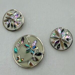 Vintage Alpaca Silver and Abalone Shell Brooch Set clip earrings